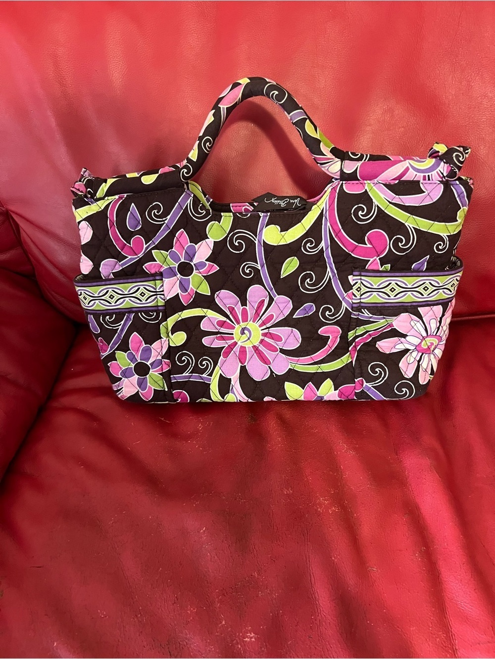 Vera Bradley Floral Quilted Tote in Brown with Pink & Lime